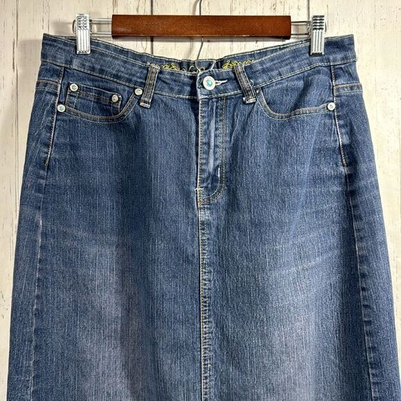 Vintage No Fuze Denim Maxi Skirt Western Turquoise Button Y2K Modest Boho Retro - Picture 2 of 16